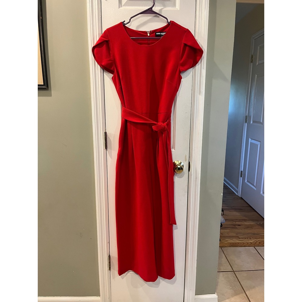 Karl Lagerfeld Paris Red Wide Leg Jumpsuit Petal Sleeve Tie Waist Size 6
